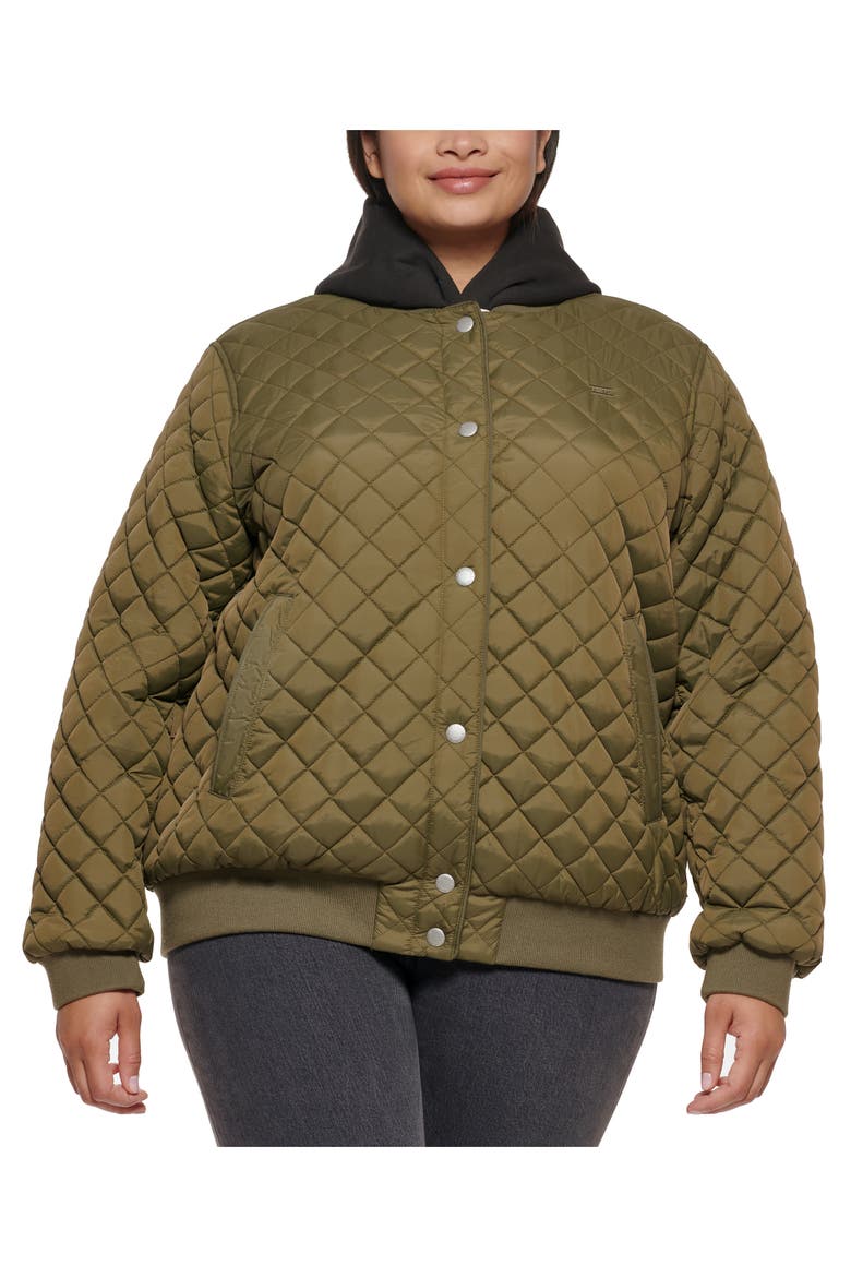 Quilted Water Resistant Bomber Jacket with Faux Shearling Lining, Alternate, color, ARMY GREEN