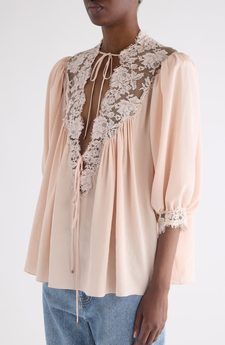 Chloé Lace Trim Silk Top, Alternate, color, Delicate Pink