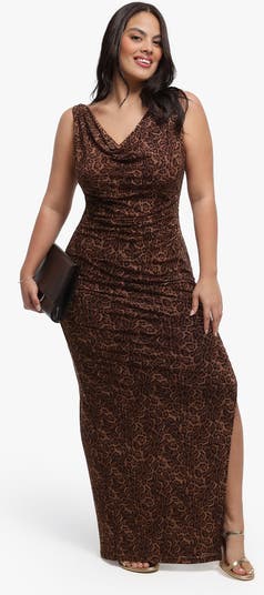 Shapewear Cowl Neck Leopard Ruched Sculpting Maxi Dress