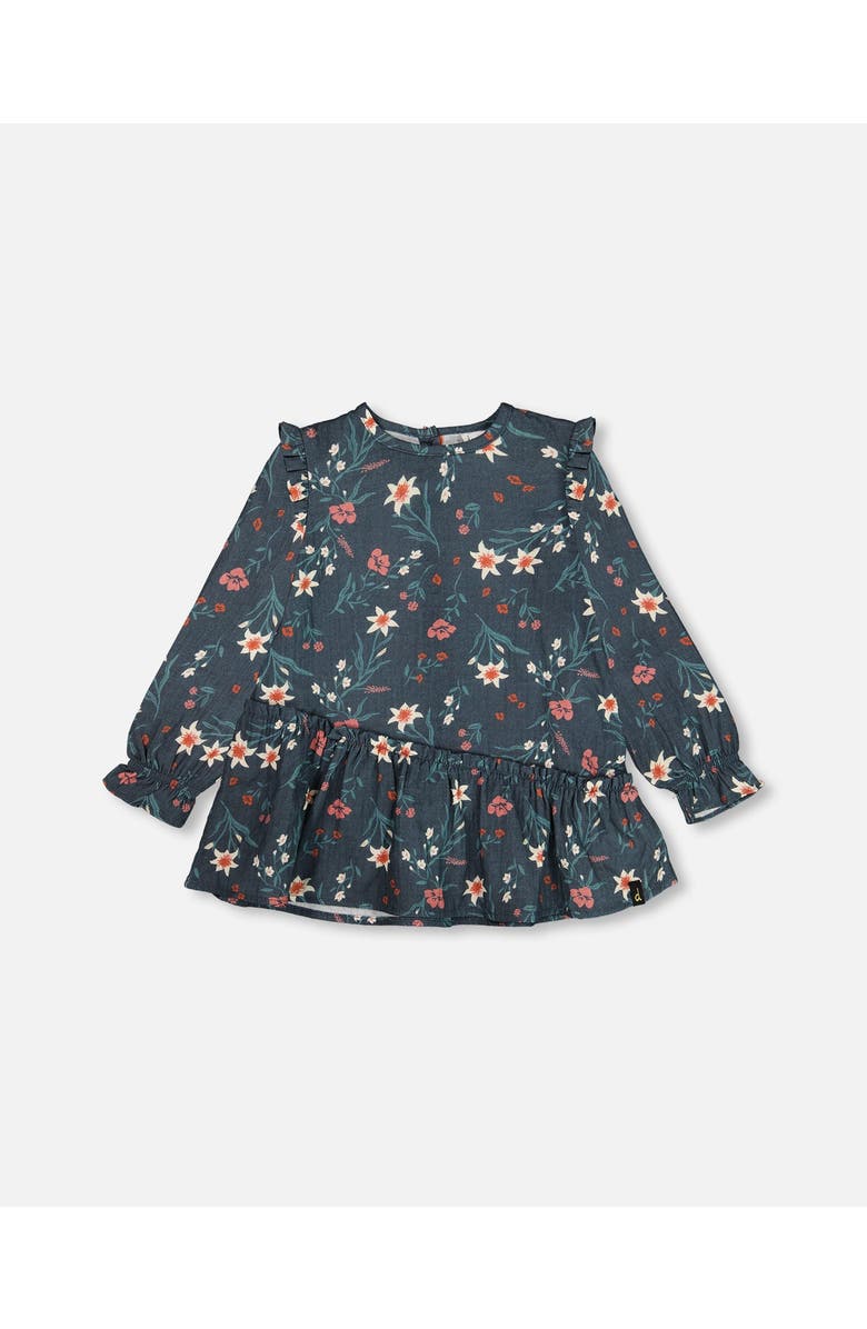 Deux par Deux Girl's Printed Muslin Long Top Teal With Flowers, Main, color, 