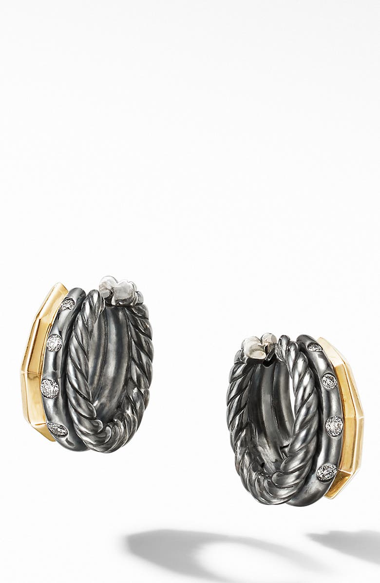 David Yurman Stax Huggie Hoop Earrings in Blackened Silver with Diamonds, Main, color, 