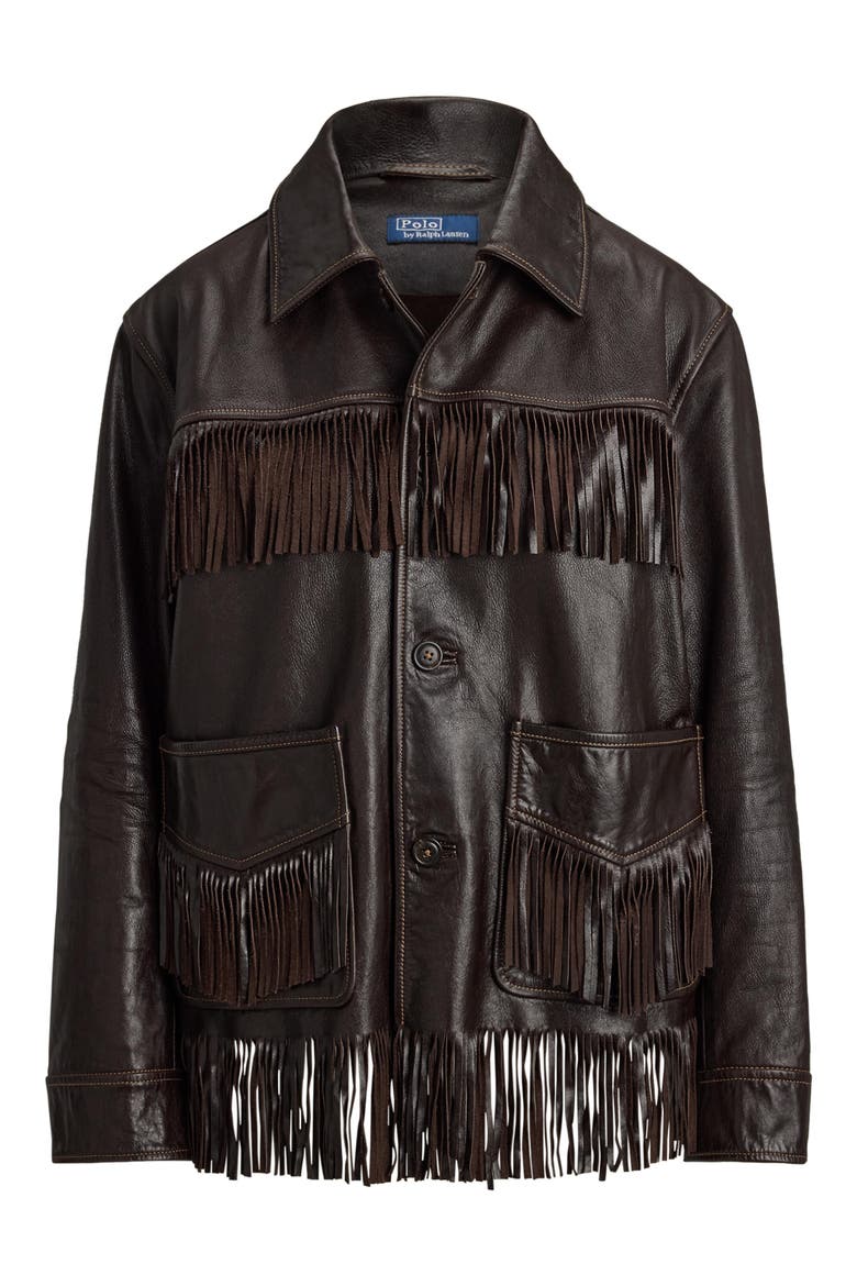 Fringe Trim Leather Shirt, Alternate, color, DARK CHOCOLATE