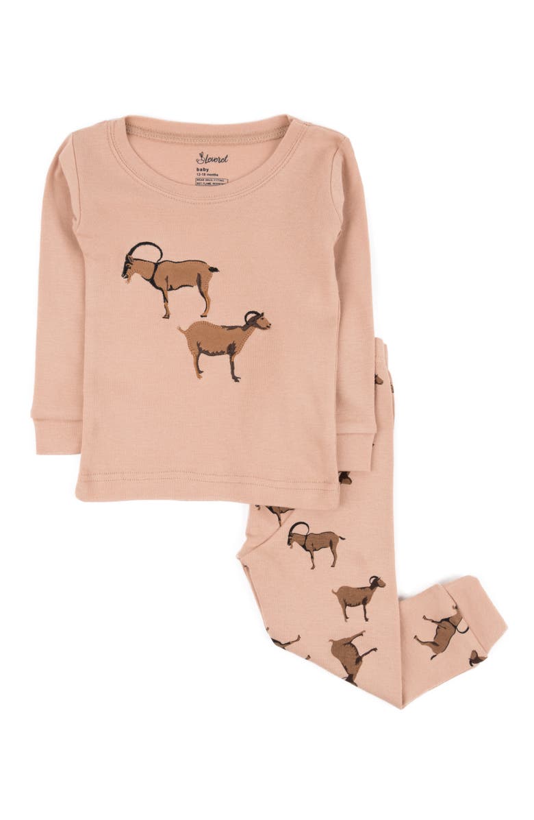 Leveret Cotton Two-Piece Printed Pajamas, Animals & Characters, Alternate, color, Goat Beige