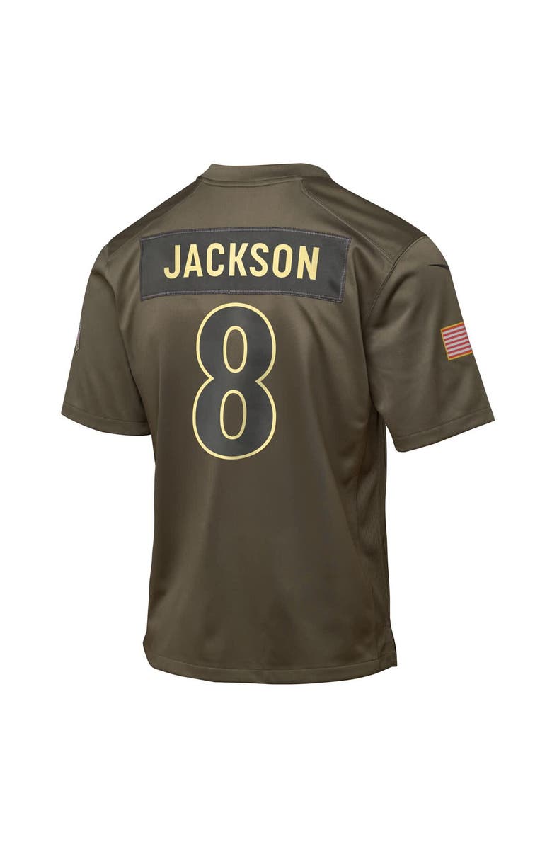 Nike Youth Nike Lamar Jackson Olive Baltimore Ravens 2025 Salute to Service Game Jersey, Alternate, color, Olive