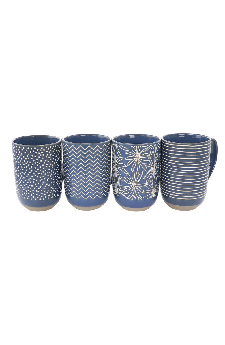 Laurie Gates Madrina 4 Piece 19 Ounce Stoneware Assorted Designs Mug Set, Alternate, color, Blue