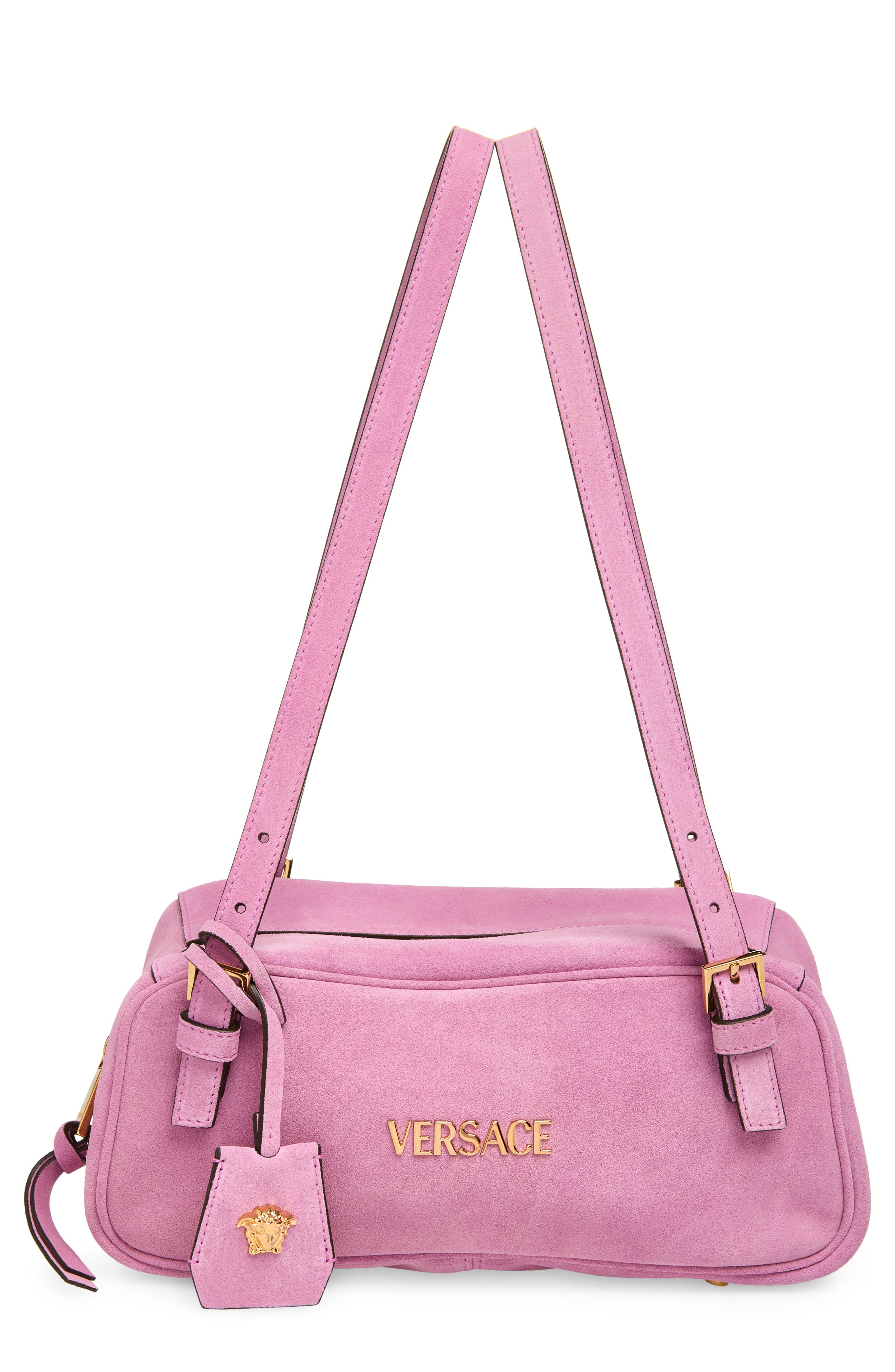 Versace Logo East/West Suede Shoulder Bag, Main, color, Dusty Mauve Gold