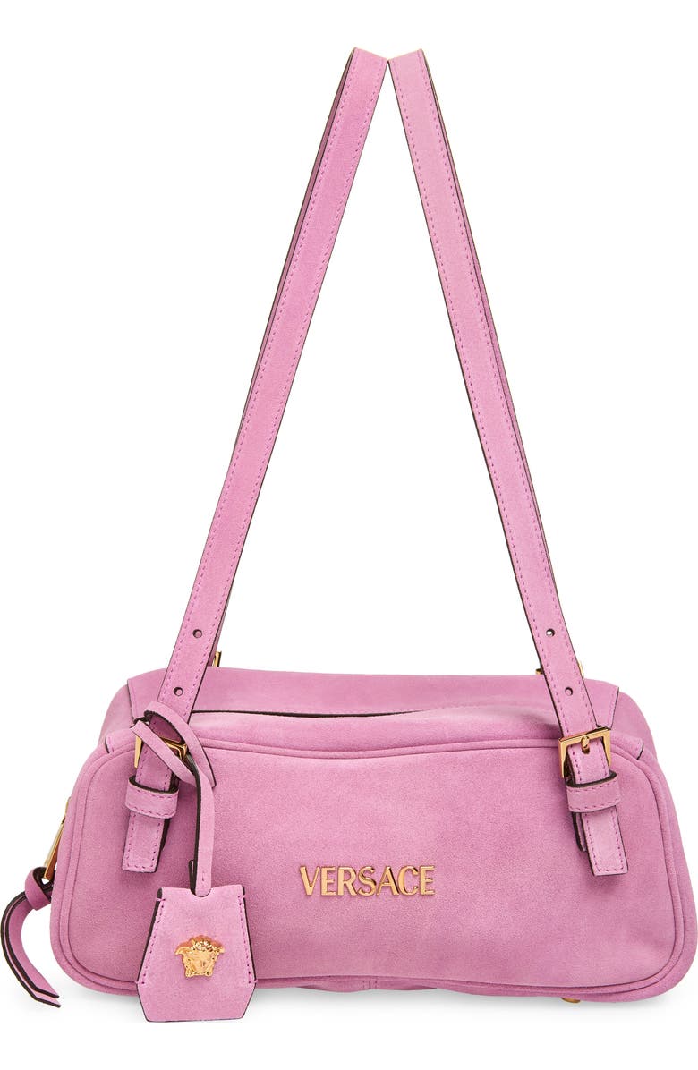 Versace Logo East/West Suede Shoulder Bag, Main, color, Dusty Mauve Gold