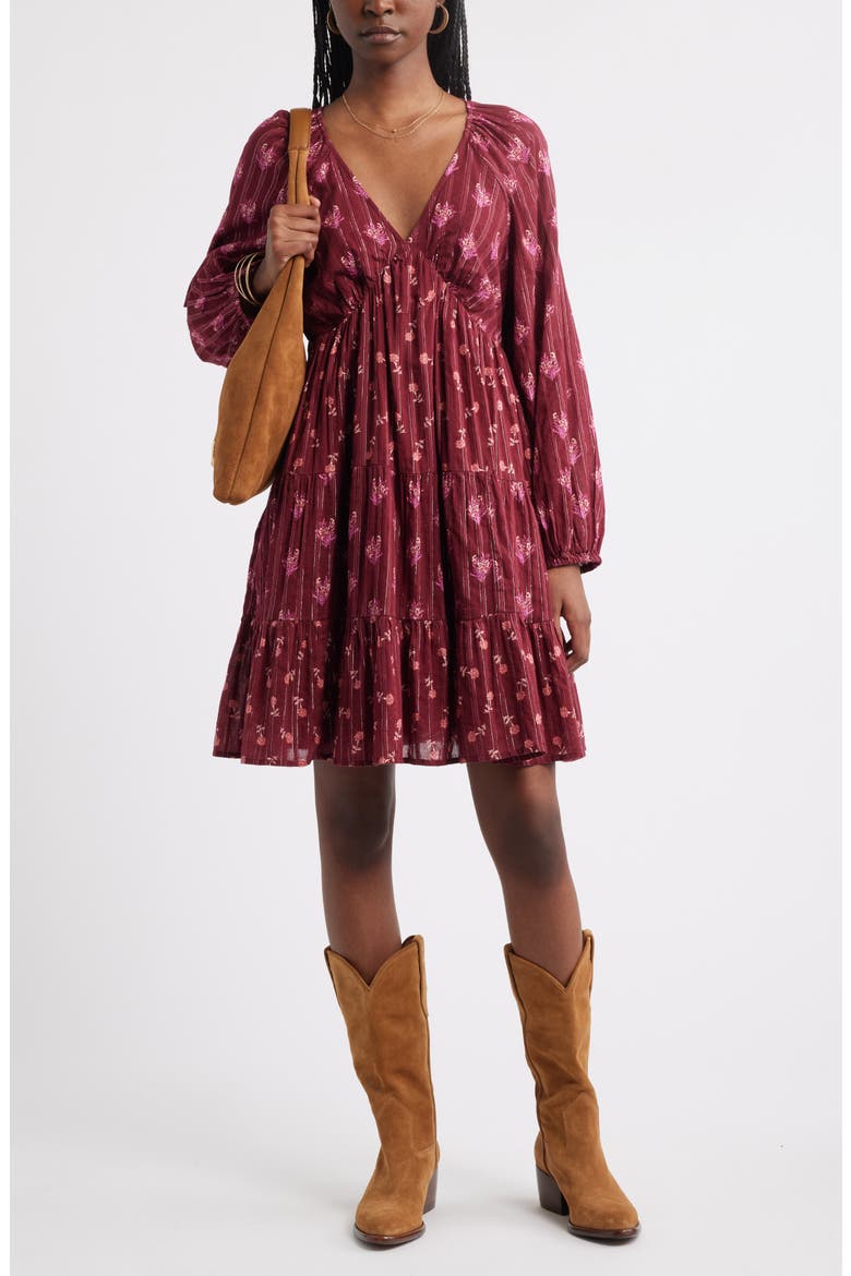 Floral Print Jacquard Long Sleeve Minidress, Alternate, color, RED-PINK BOUQUET FLIP MIX
