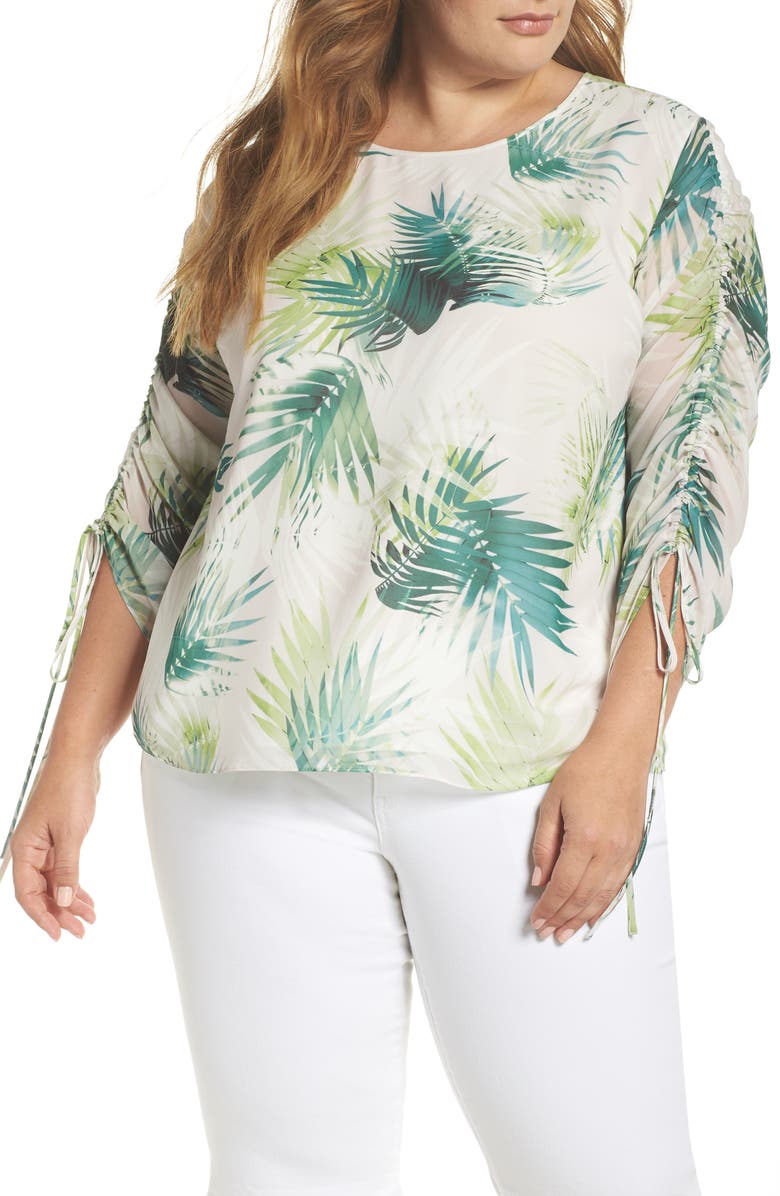 Vince Camuto Drawstring Sleeve Sunlit Palm Print Top, Main, color,