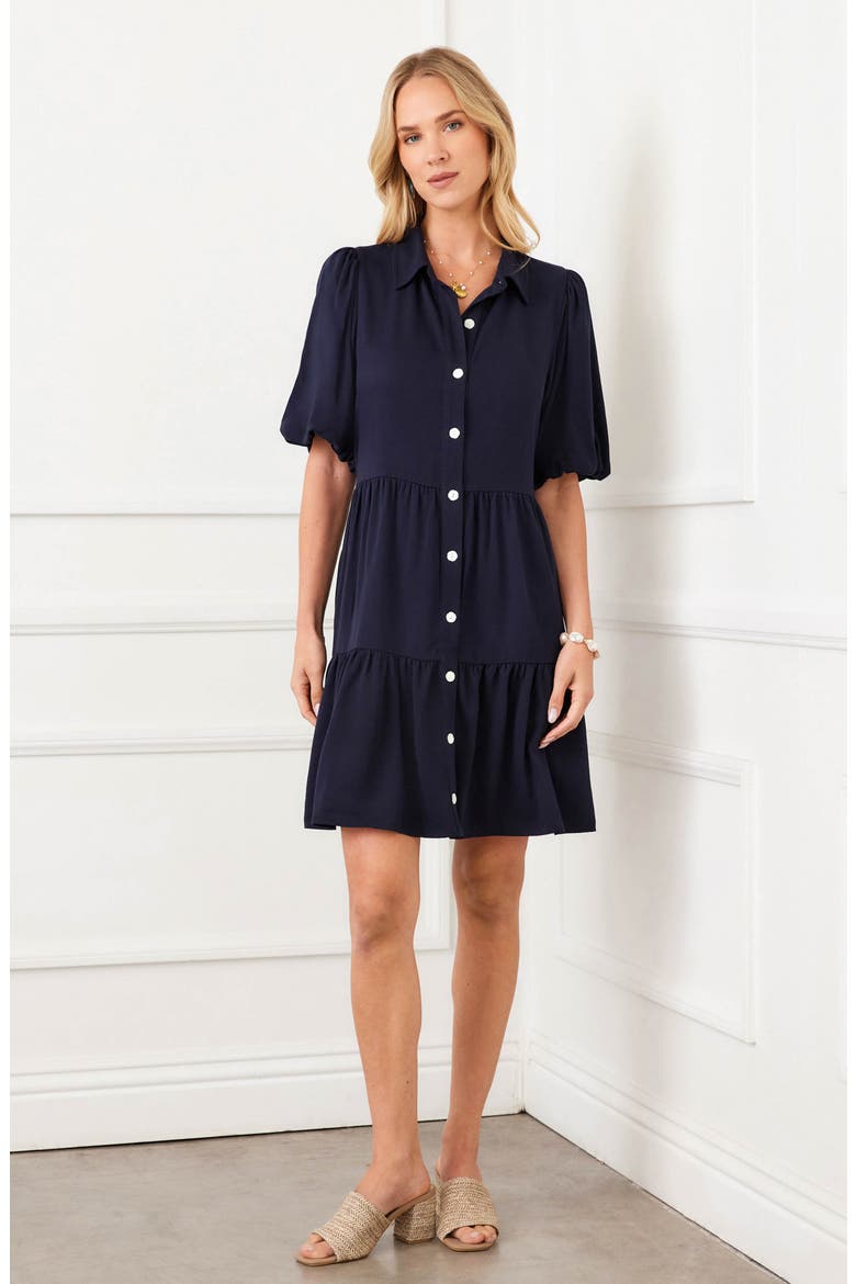 Tiered Puff Sleeve Shirtdress, Alternate, color, NAVY