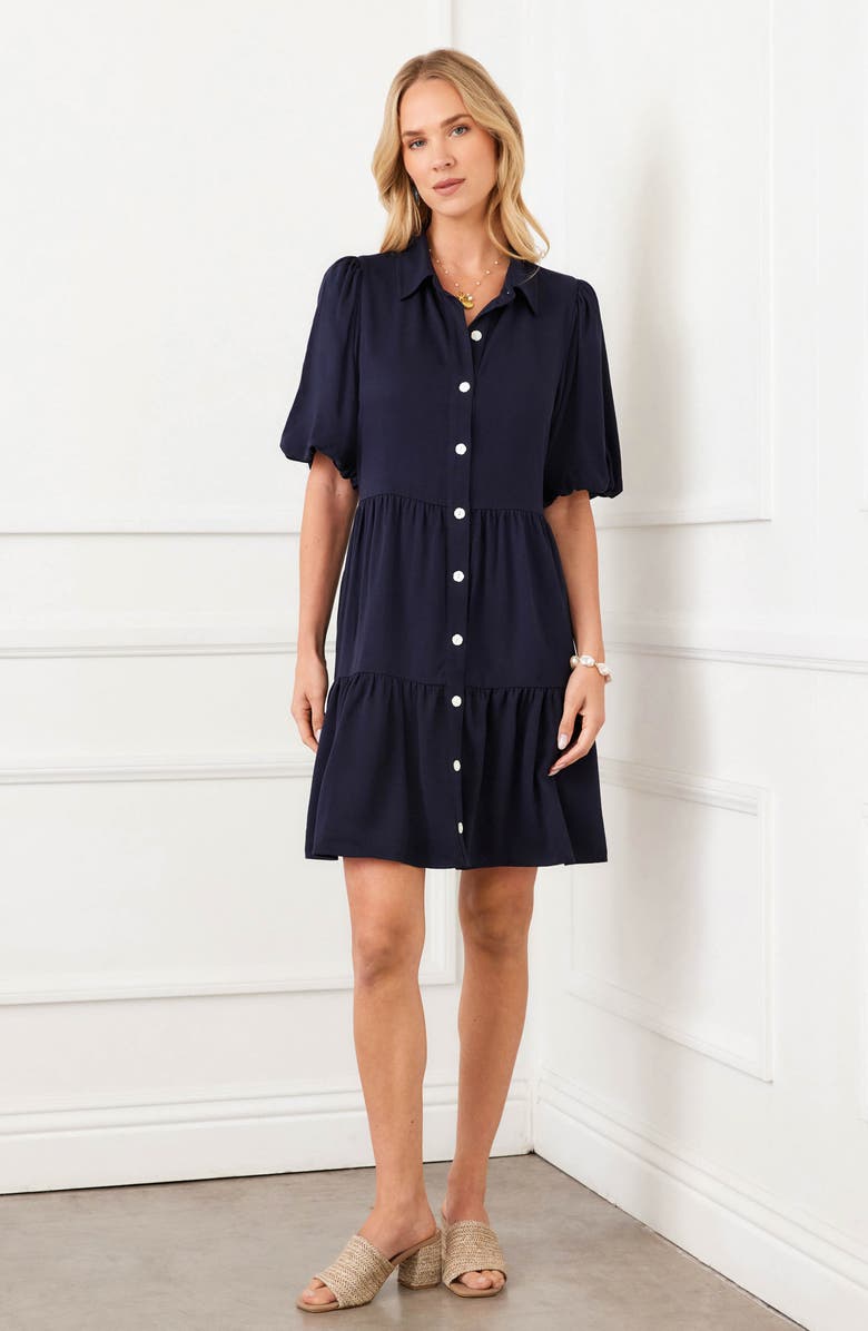 Karen Kane Tiered Puff Sleeve Shirtdress, Alternate, color, Navy