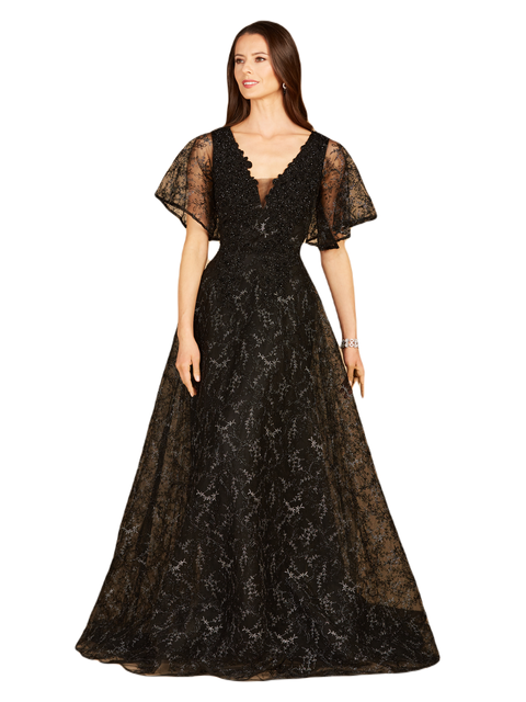Cape Sleeve Beaded Gown in Black