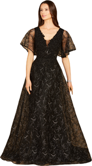 LARA New York Cape Sleeve Beaded Gown in Black