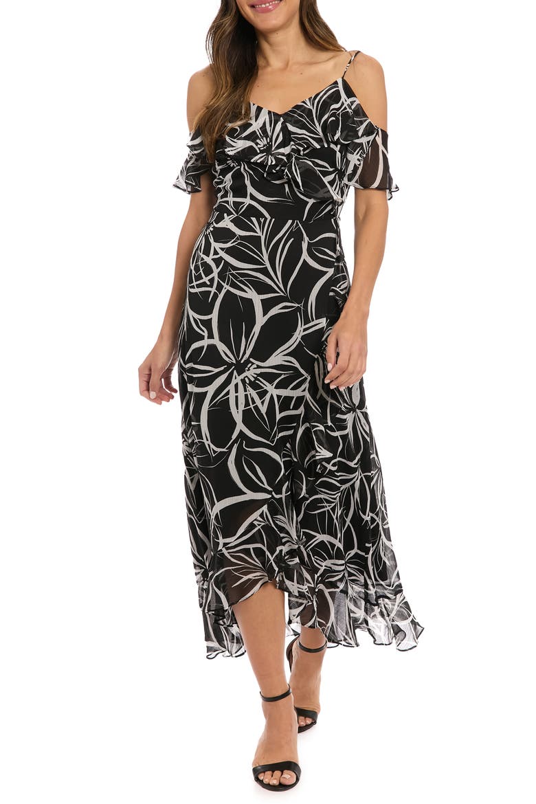 Cold Shoulder Ruffle Faux Wrap Dress, Main, color, BLACK/ WHITE