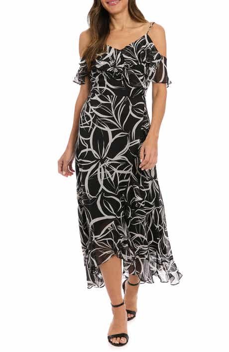 London Times Cold Shoulder Ruffle Faux Wrap Dress