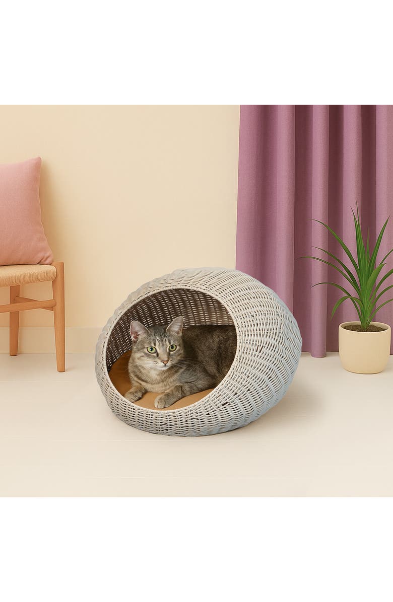 The Licker Store Fiora 19.5" x 18" Modern Circular Faux Wicker Pet Bed with Machine-Washable Cushion, Alternate, color, White