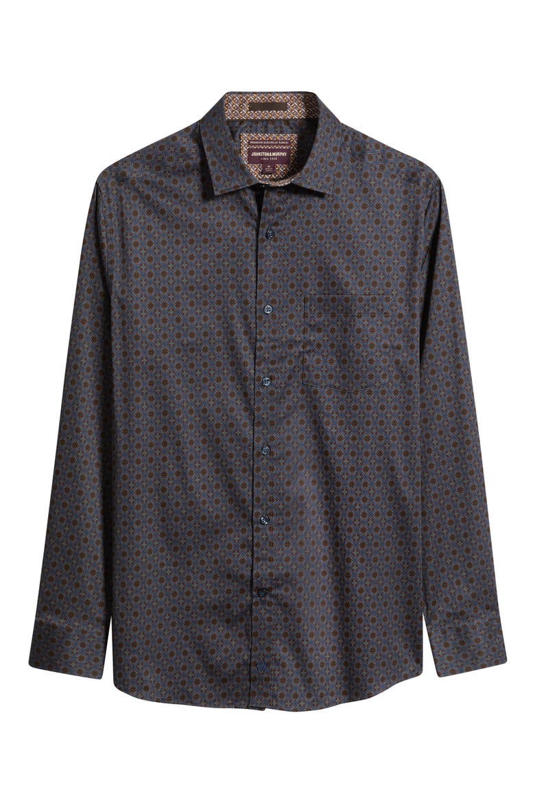 Logan Print Button-Up Shirt, Alternate, color, NAVY / BROWN MEDALLION CREST