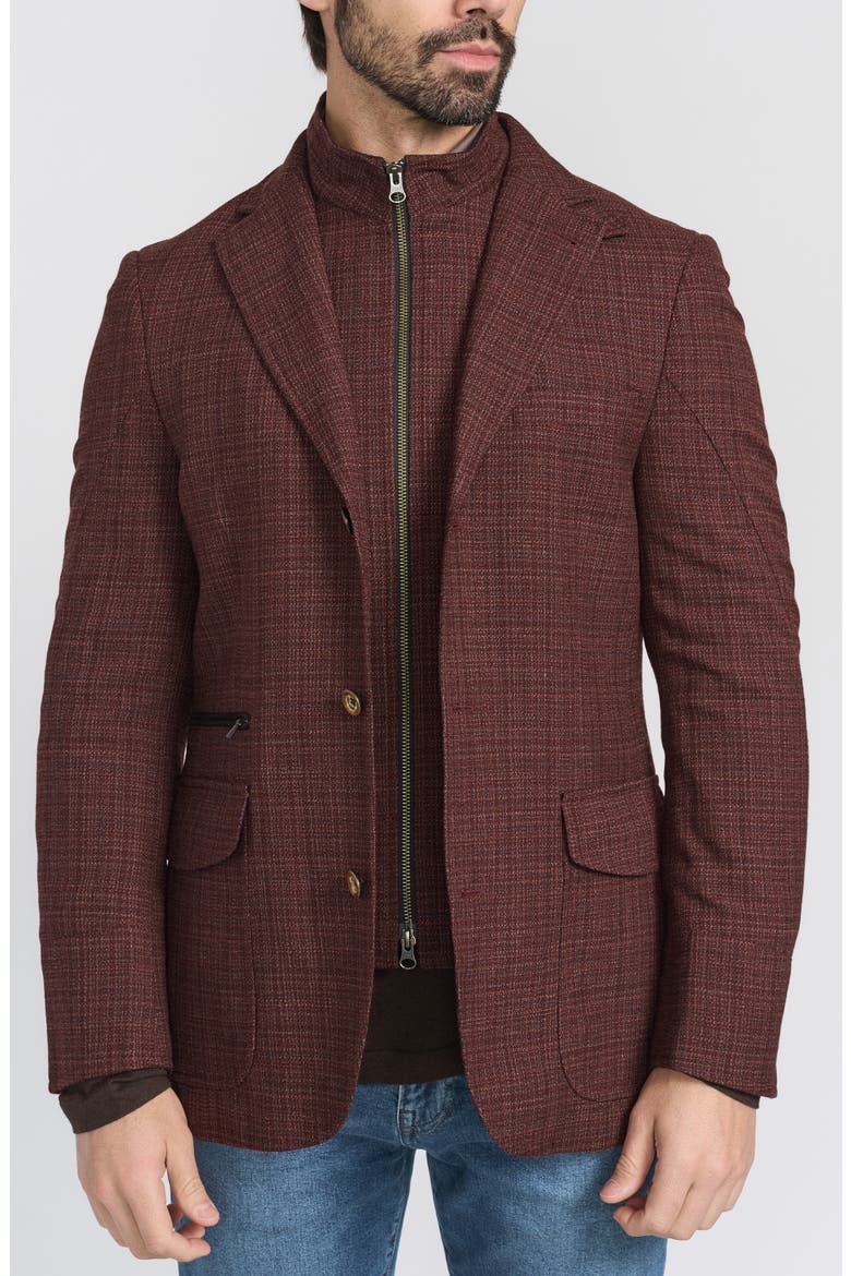 Burgundy Plaid Stretch Wool Hybrid Sport Coat with Removable Bib, Main, color, BURGUNDY