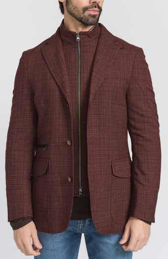 FLYNT Burgundy Plaid Stretch Wool Hybrid Sport Coat with Removable Bib
