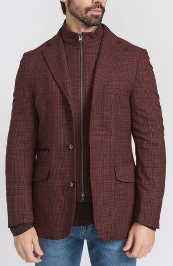 Flynt Burgundy Plaid Stretch Wool Hybrid Sport Coat With Removable Bib In Burgundy