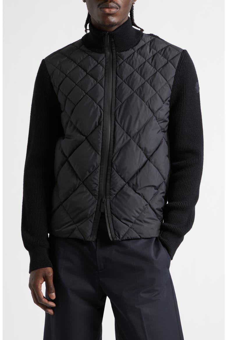 Hybrid Quilted Down Fill & Wool Cardigan, Main, color, BLACK