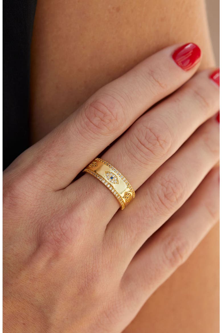 18K Yellow Gold Plated CZ Evil Eye Band Ring, Alternate, color, YELLOW