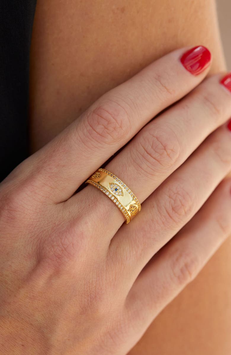 SAVVY CIE JEWELS 18K Yellow Gold Plated CZ Evil Eye Band Ring, Alternate, color, Yellow