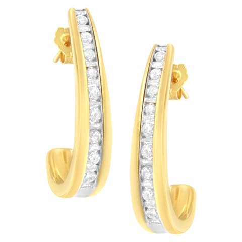 10K Yellow Gold 1 Ct Channel Diamond J-Hoop Earrings