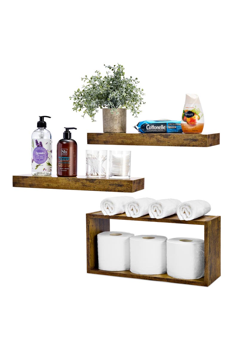 Set of 3 Floating Shelves, Alternate, color, BROWN
