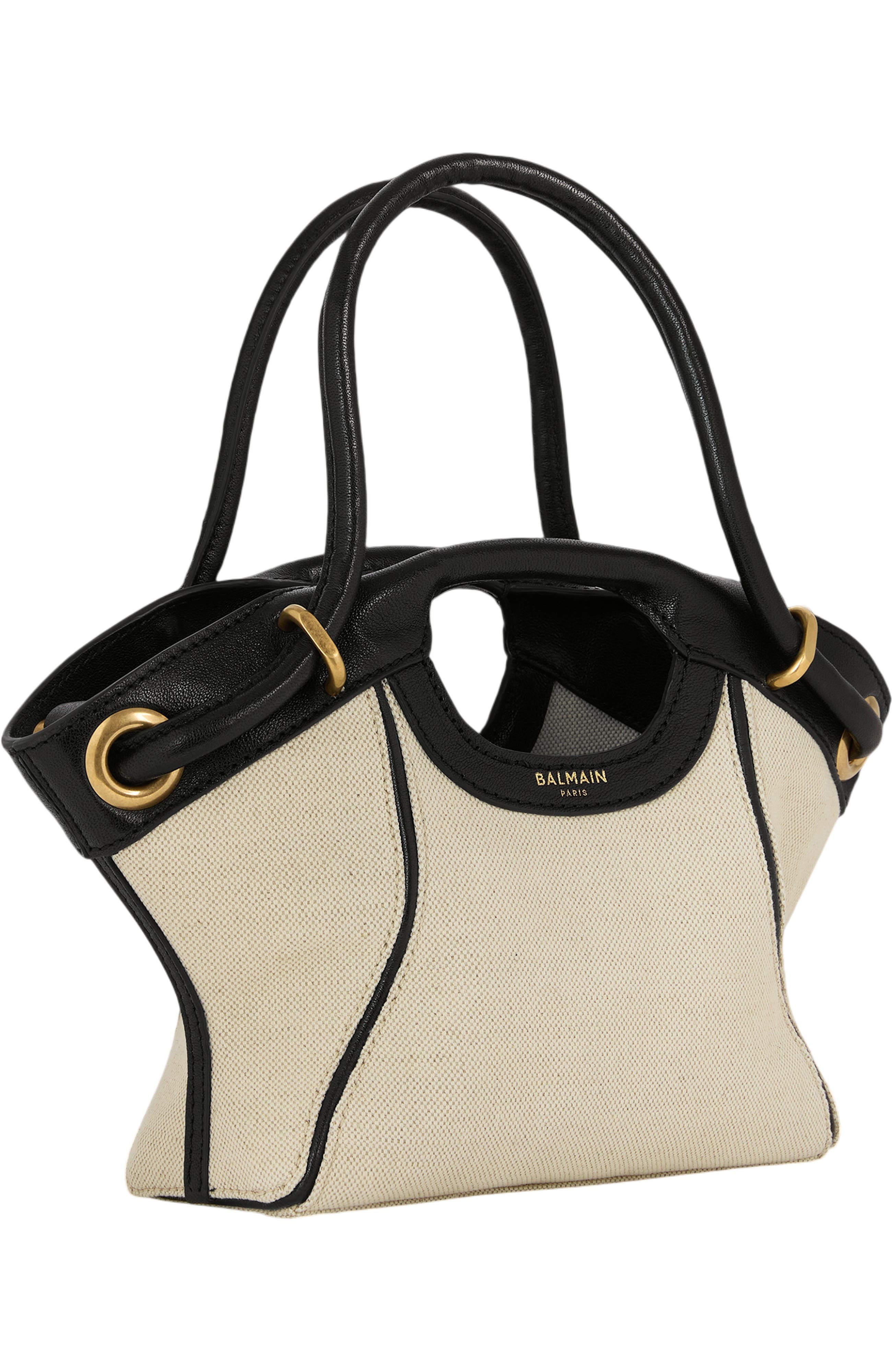 Balmain Small Tote in smooth leather and canvas, Alternate, color, Beige