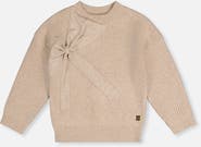 Deux par Deux Ribbed Knit Statement Bow Crew Neck Sweater