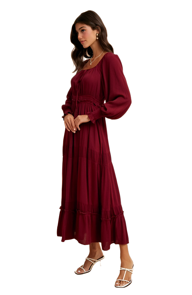 Knit and Lounge Long-Sleeve Smocked Maxi Dress with Tiered Skirt, Alternate, color, Burgundy