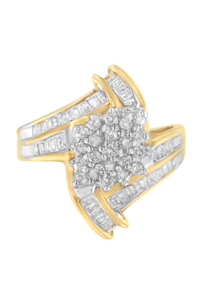 10K Gold 1.0 Cttw Round and Baguette Diamond Bypass Cluster Ring, Main, color, Yellow Gold