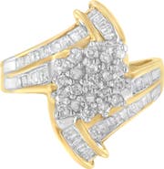 Haus of Brilliance 10K Gold 1.0 Cttw Round and Baguette Diamond Bypass Cluster Ring