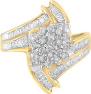 Haus of Brilliance 10K Gold 1.0 Cttw Round and Baguette Diamond Bypass Cluster Ring