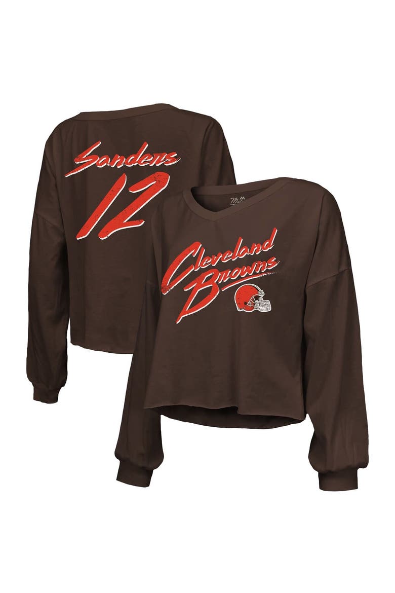 Women's Majestic Threads Shedeur Sanders Brown Cleveland Browns Name & Number Off-Shoulder Script Cropped Long Sleeve Relaxed V-Neck T-Shirt, Main, color, Brown