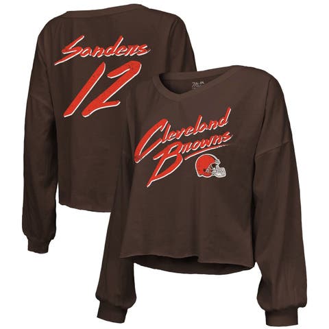 Women's Majestic Threads Shedeur Sanders Brown Cleveland Browns Name & Number Off-Shoulder Script Cropped Long Sleeve Relaxed V-Neck T-Shirt