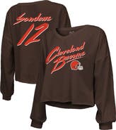 Majestic Threads Women's Majestic Threads Shedeur Sanders Brown Cleveland Browns Name & Number Off-Shoulder Script Cropped Long Sleeve Relaxed V-Neck T-Shirt