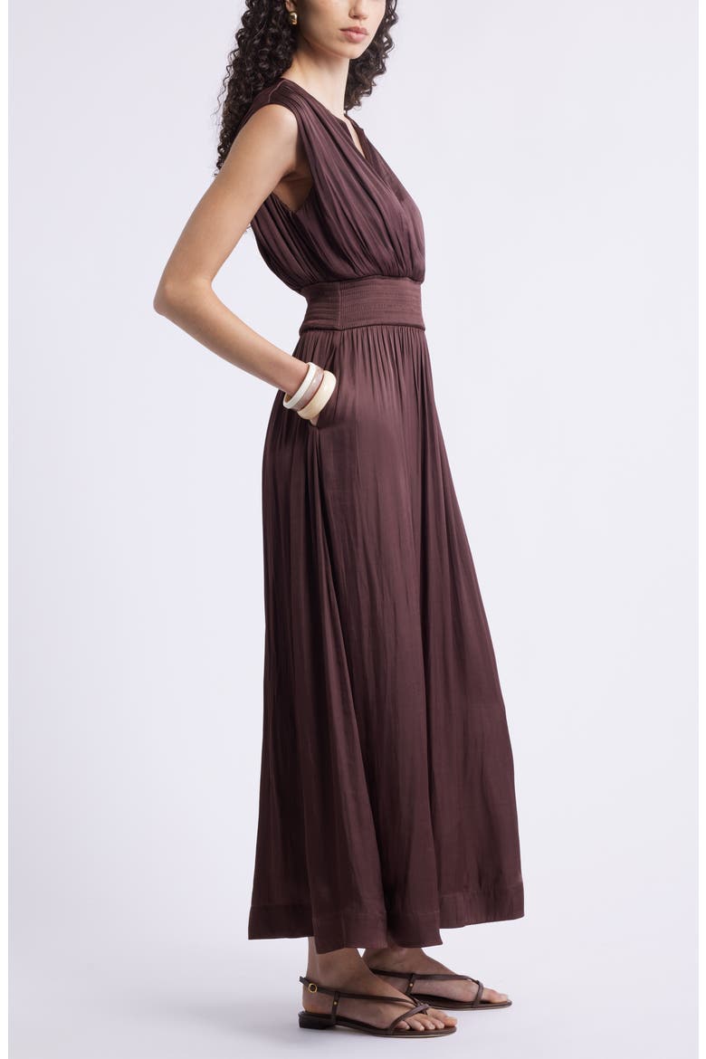 Sleeveless Smocked Satin Maxi Dress, Alternate, color, BROWN MALICACIA