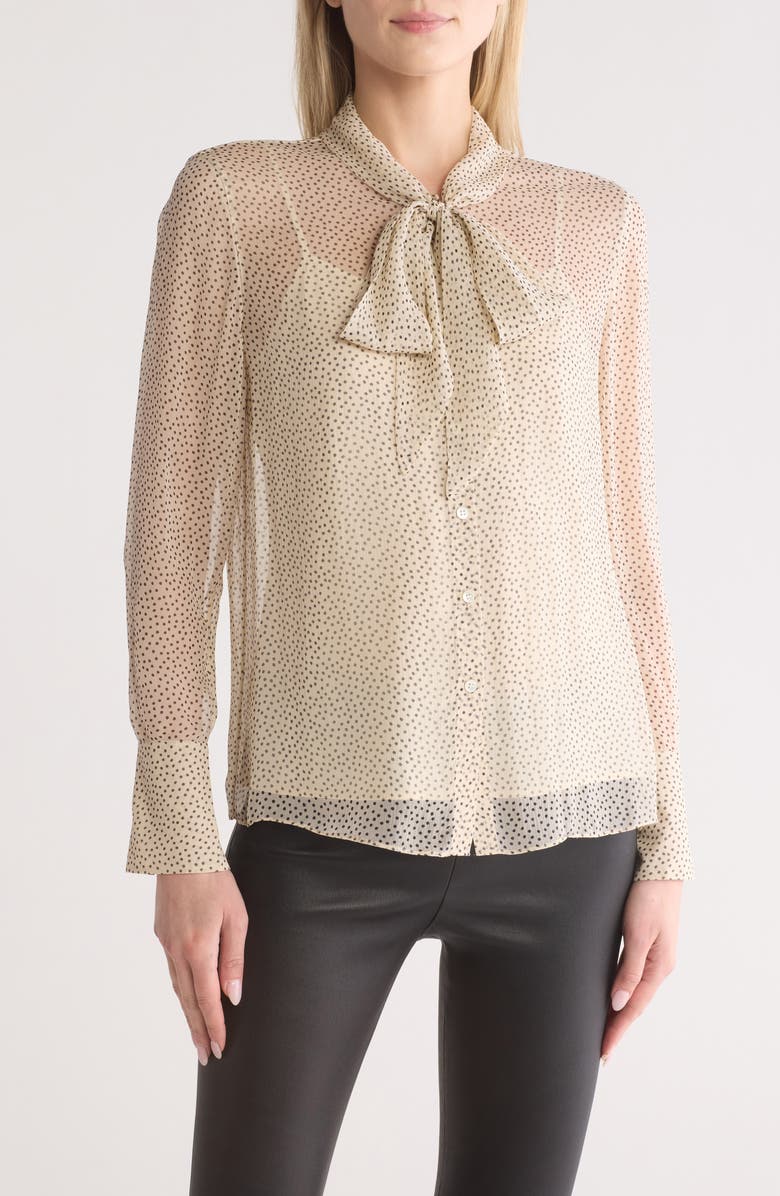 Theory Tie Neck Silk Button-Up Shirt, Main, color, Oatmeal Multi