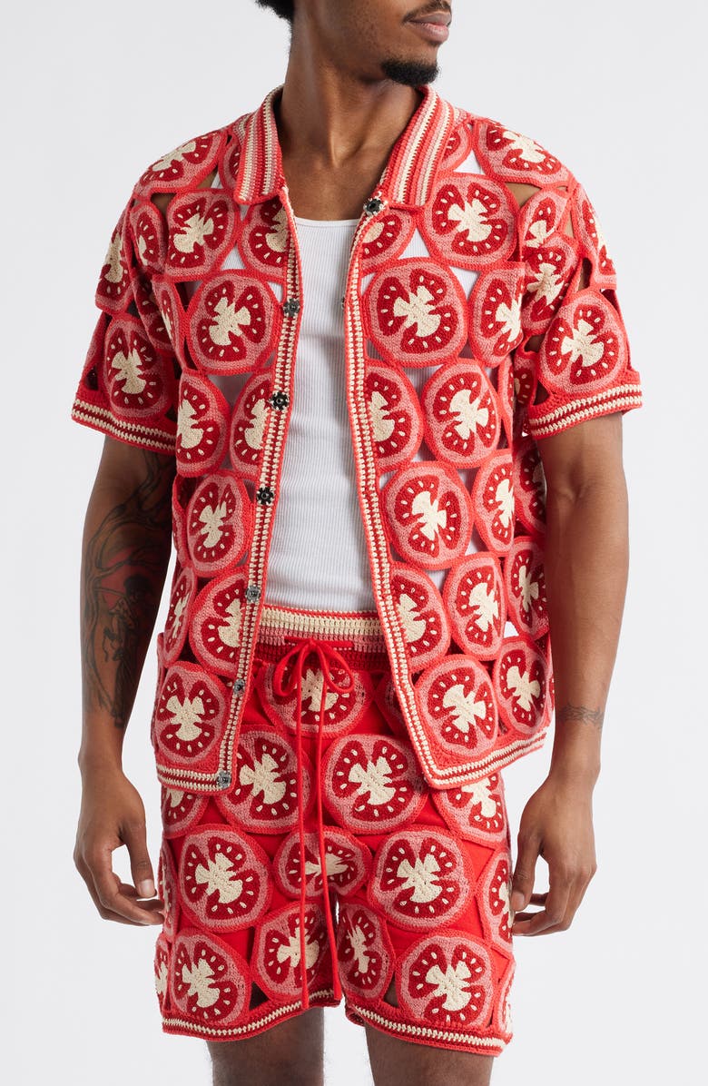 MAVRANS Ciao Medallion Crochet Short Sleeve Organic Cotton Snap-Up Shirt, Main, color, 