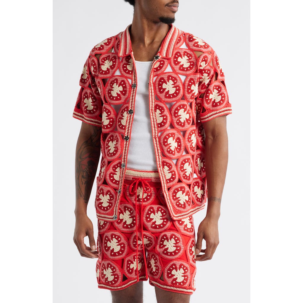 MAVRANS MAVRANS CIAO MEDALLION CROCHET SHORT SLEEVE ORGANIC COTTON SNAP-UP SHIRT