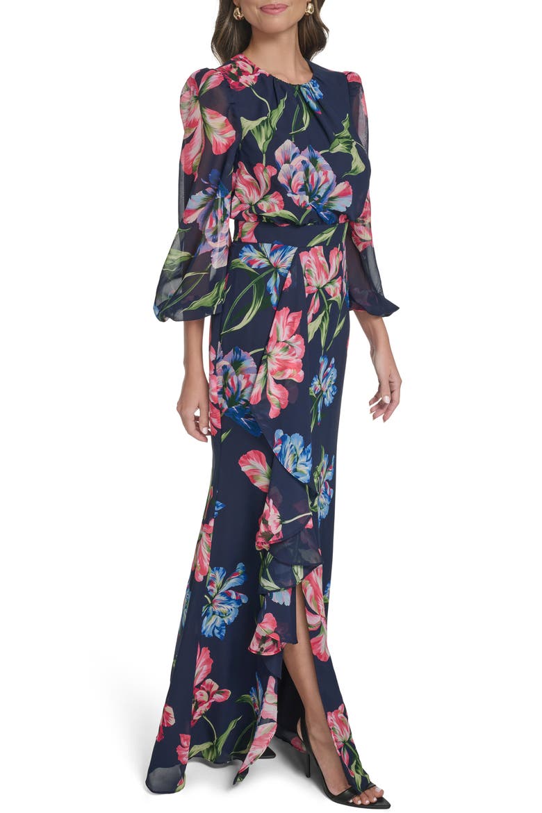 Floral Long Sleeve Ruffle Chiffon Dress, Alternate, color, NAVY