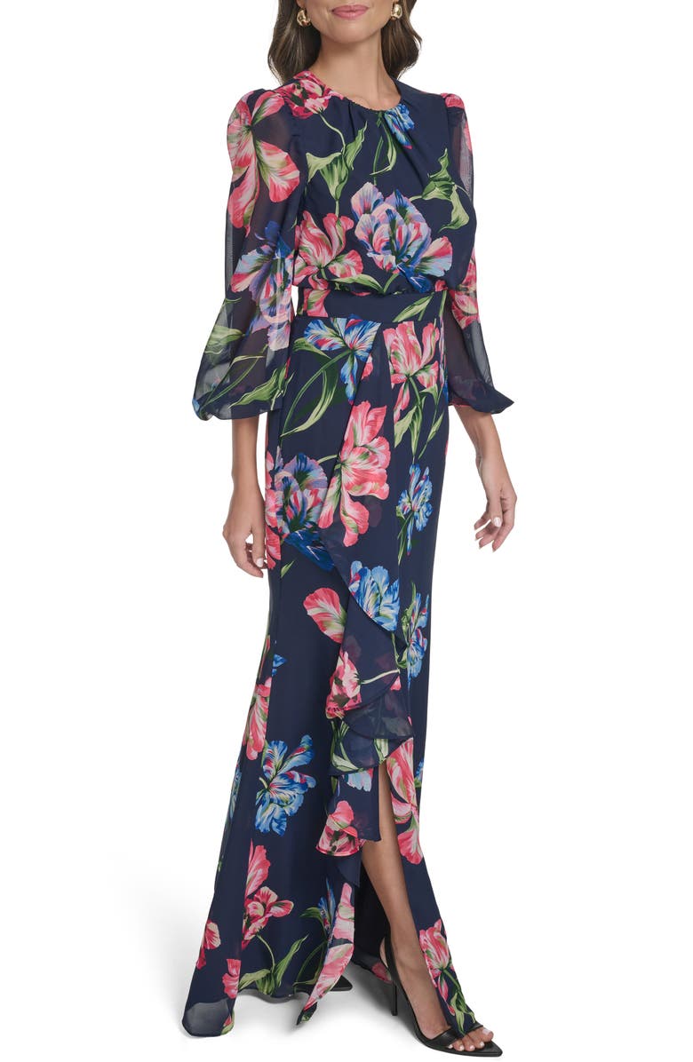 Eliza J Floral Long Sleeve Ruffle Chiffon Dress, Alternate, color, Navy