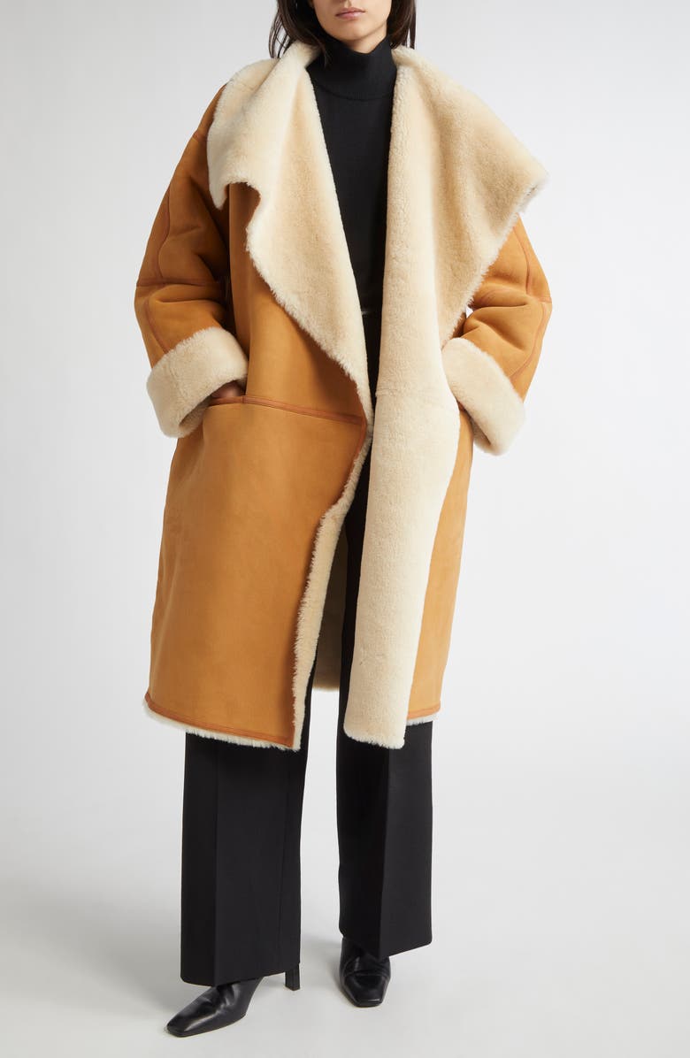 TOTEME Draped Genuine Shearling Coat, Main, color, Tan