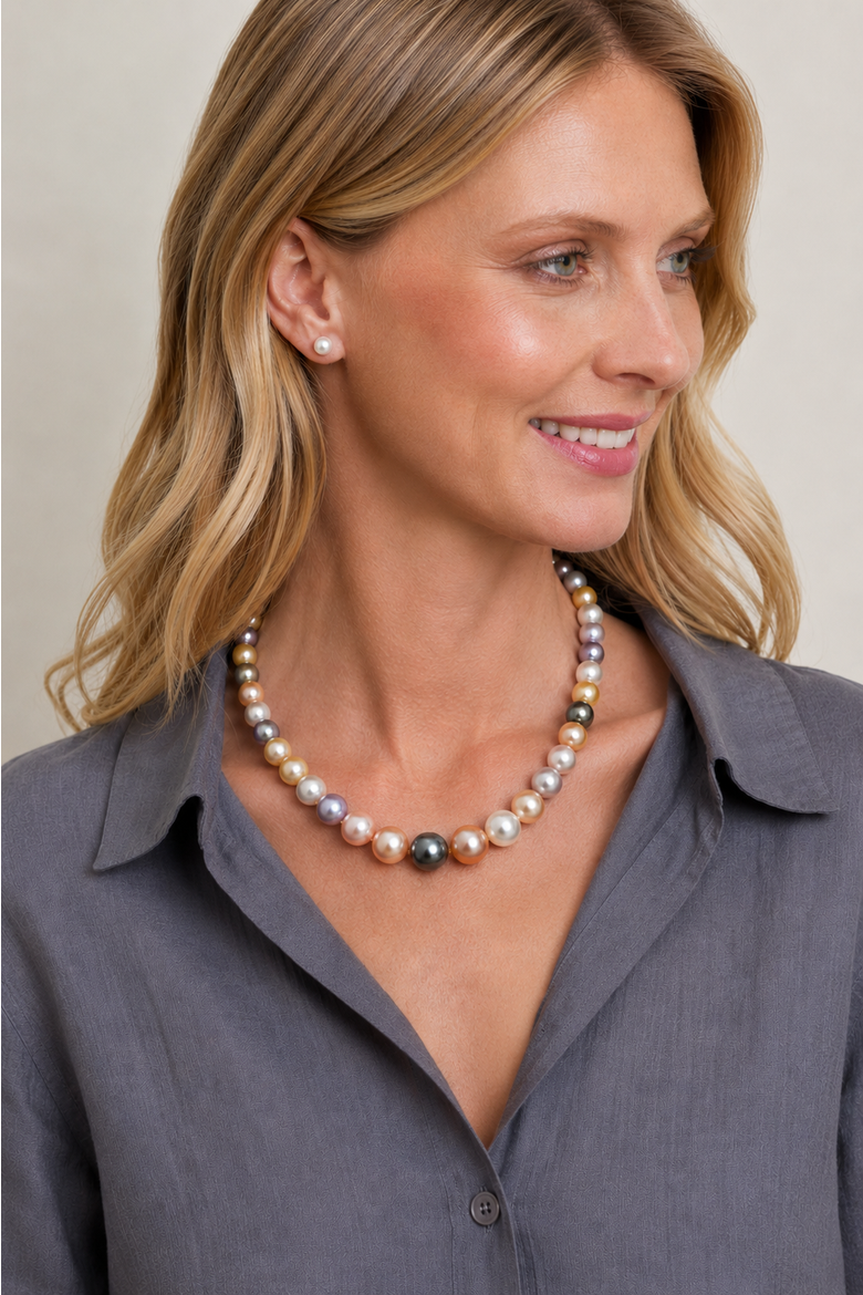 9-11mm Tahitian & Freshwater Multicolor Pearl Necklace - AAA Quality, Alternate, color, White Gold Clasp