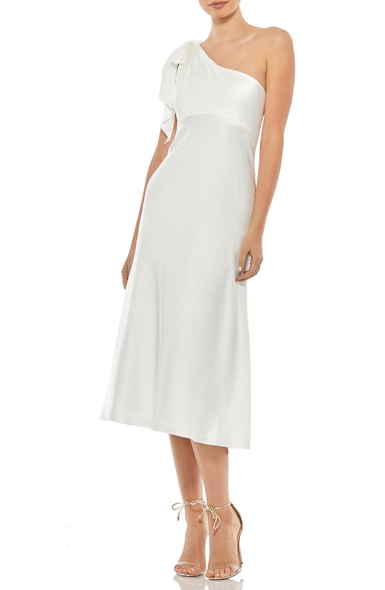 Mac Duggal One-Shouder Bow Satin Midi A-Line Dress, Main, color, 