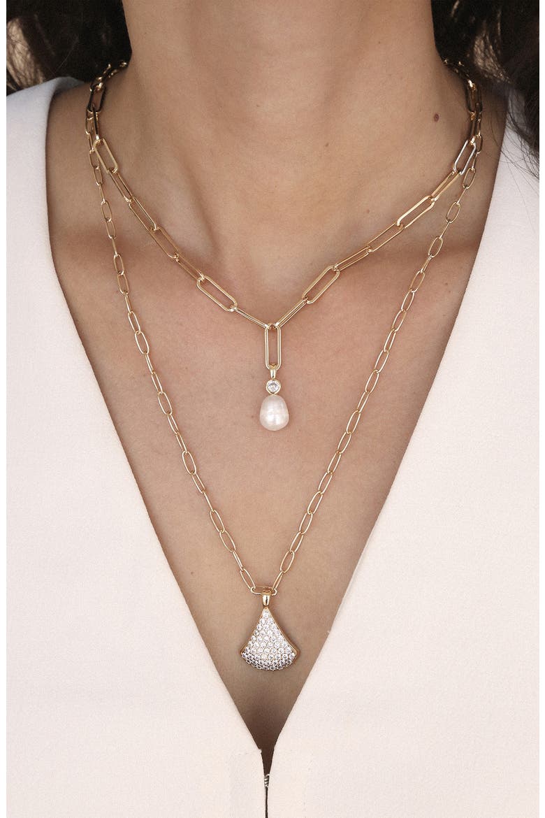 Layered Teardrop & Freshwater Pearl Charm Necklace, Alternate, color, GOLD