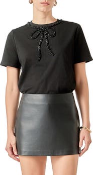 English Factory Beaded Bow Cotton T-Shirt