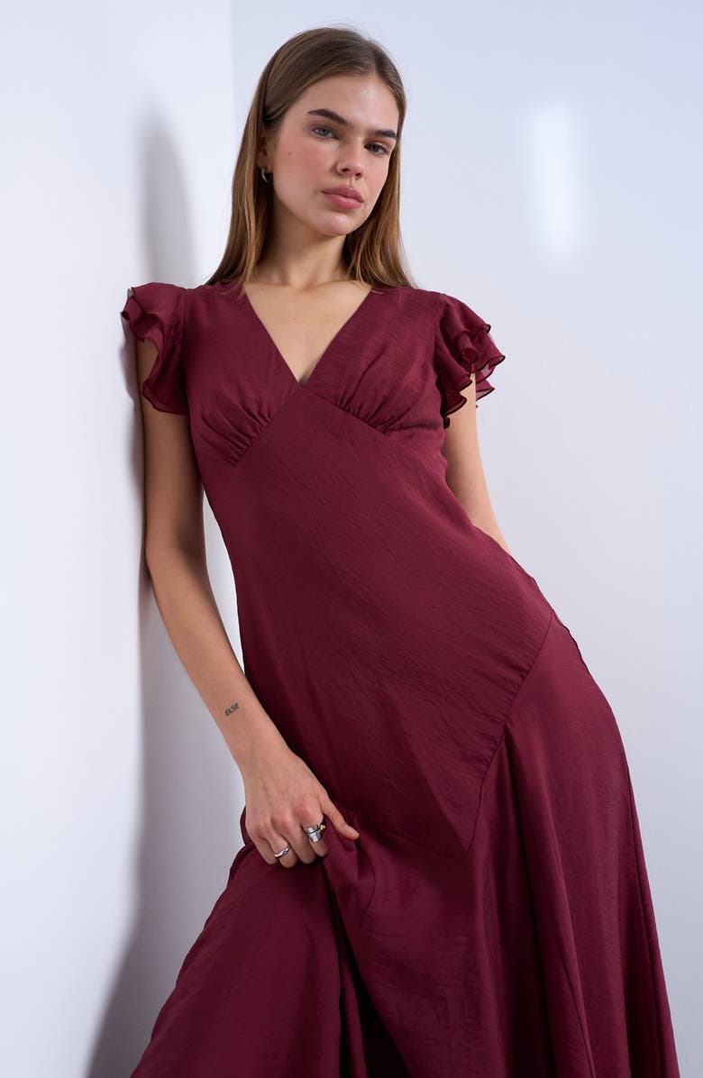 Topshop Flutter Sleeve Georgette Midi Dress, Alternate, color, Red